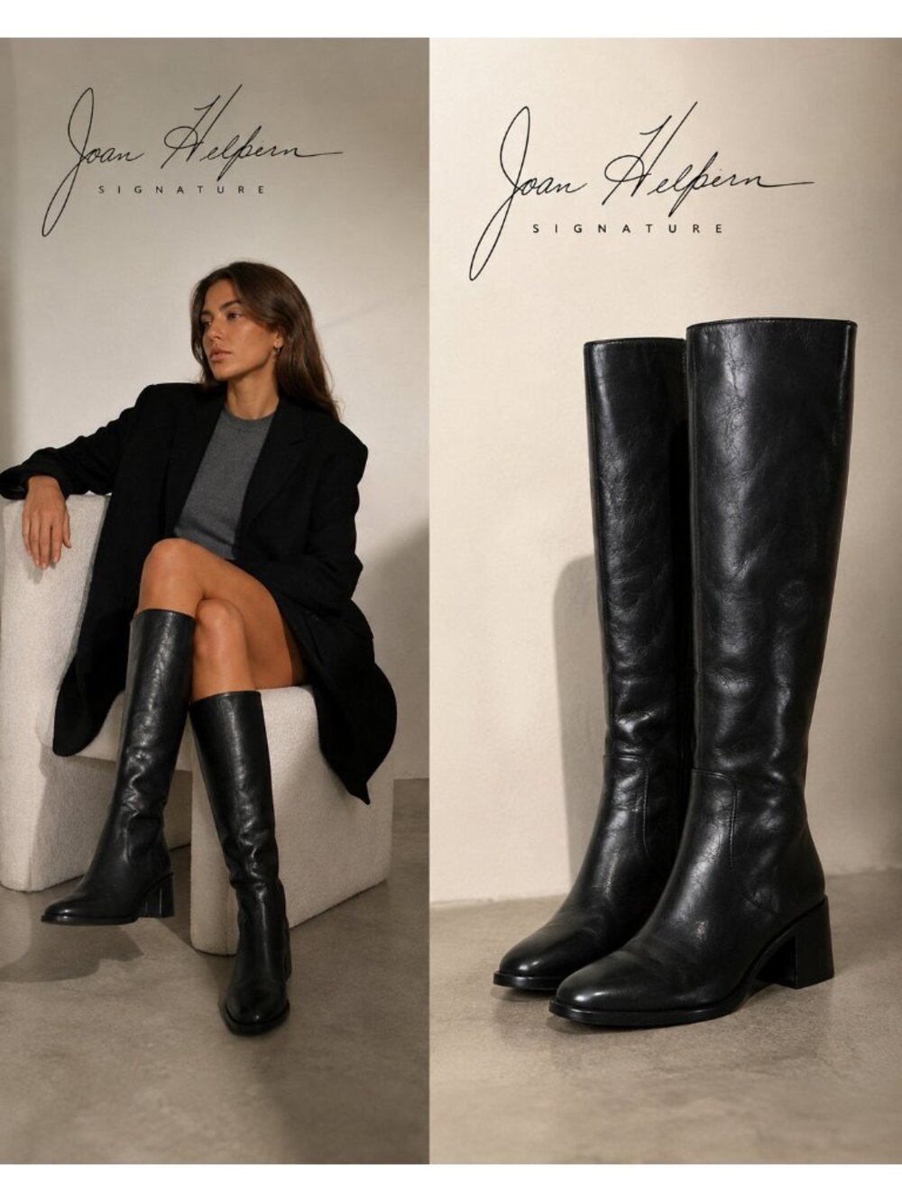 Joan Helpern Signature Black Leather Knee High Boots 6.5M Made in Italy